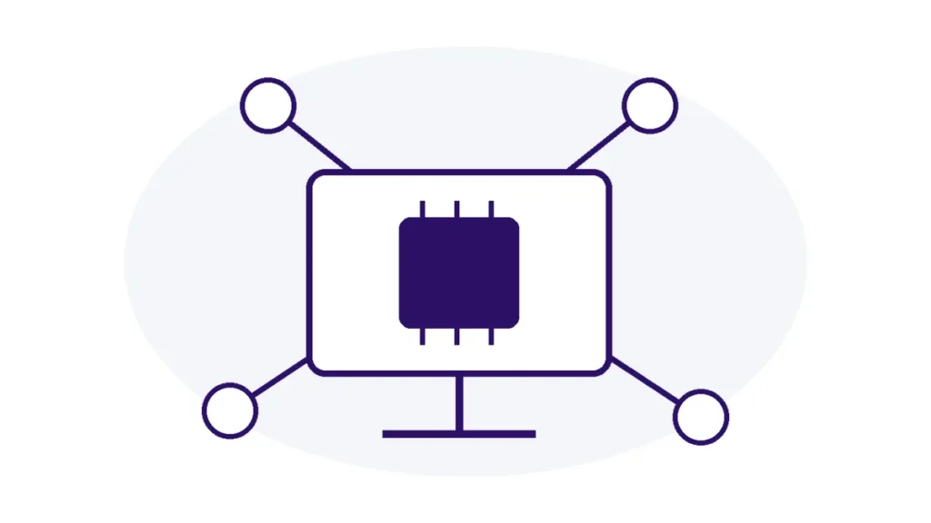 Ilustração de inteligência artificial com computador e nós conectados para representar ferramentas digitais.